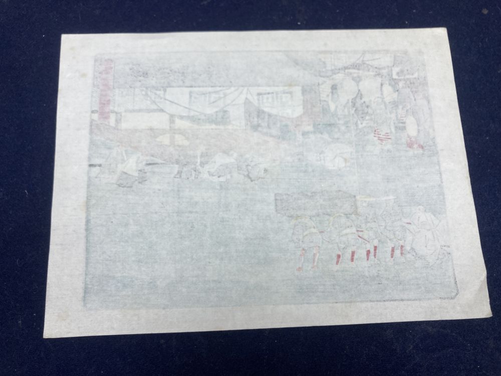 Two Japanese woodblock prints, 21 x 28cm and three painted unmounted fan leaves